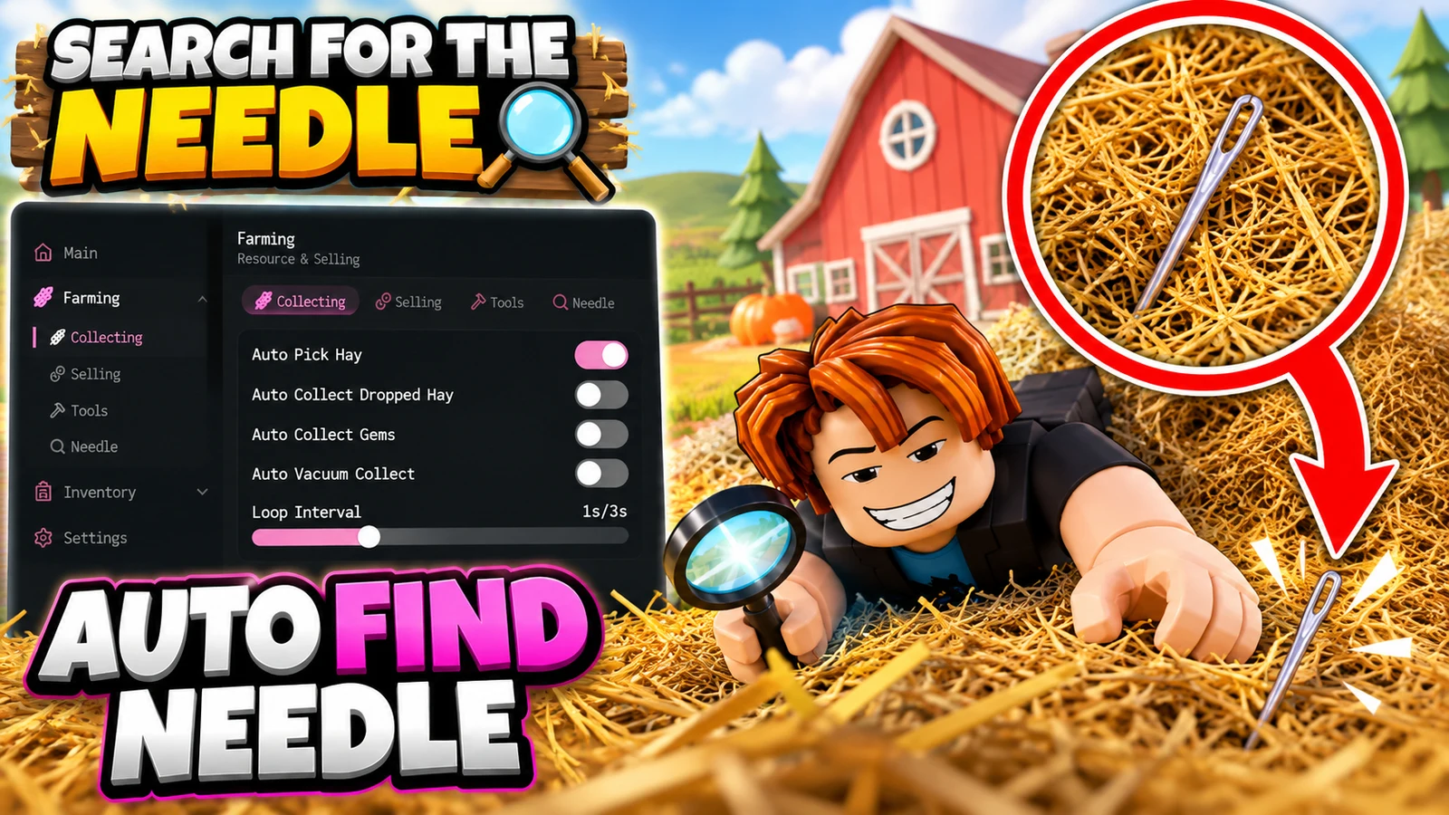 Auto Pick Hay, Auto Collect Gems & Needle Finder